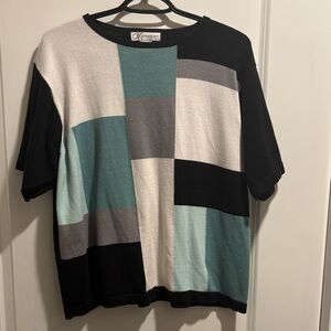 Dress Barn Colorblock Crew Neck Top - Black, White, Teal & Gray